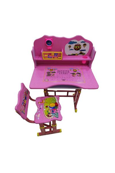 Amla Comfortable Student Learning Wooden Chair With Table With Vibrant Color, Pink