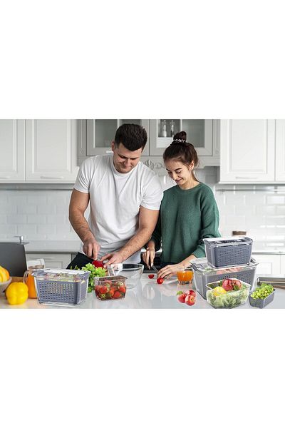 Lumely Refrigerator Organizer, with Lids and Drain Basket, Reusable Freezer Food Storage Boxes ,Grey