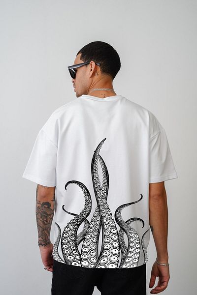 king brich Μπλουζάκι με στάμπα χταποδιού Unisex Ecru Oversize