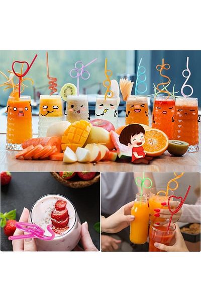 fulina 12Pcs Straws, Reusable Plastic Loop Curly,Birthday Wedding Party Supplies Decoration