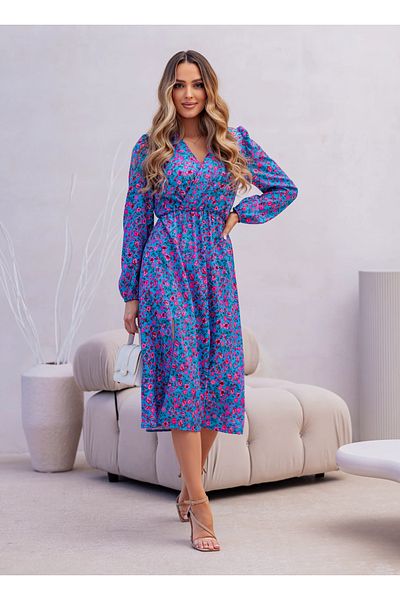 UniqueStore.ro Rochie Midi Albastră Cu Imprimeu Floral Și Crăpătură Laterală