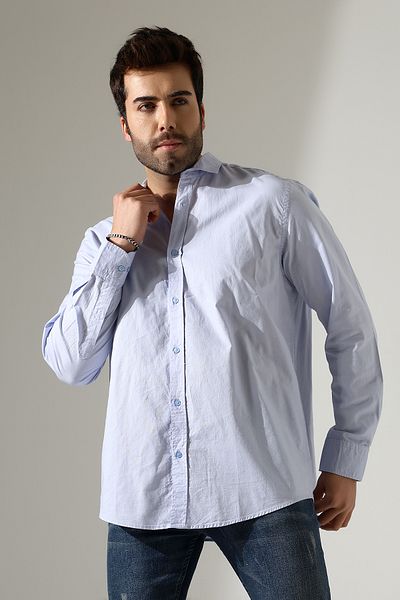 GÖMLEKÇİNİZ Men's Oversize Cut Poplin Fabric Four Seasons Long Sleeve Pocketless Banana Blue Shirt