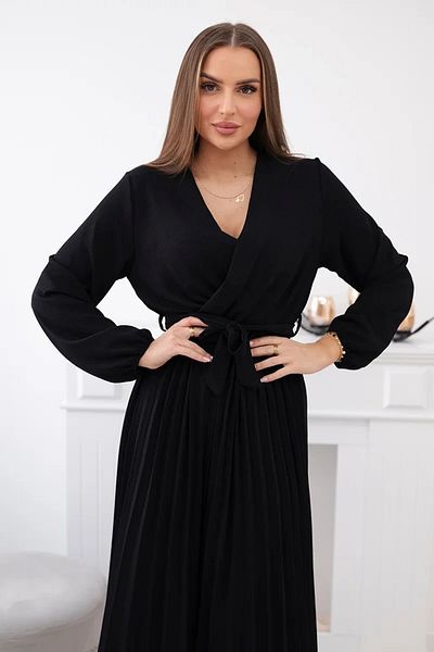 UniqueStore.ro Black Pleated Midi Dress With Drawstring Waist - One Size