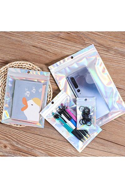 fulina 100PCS Resealable Storage Bags,Ziplock Food Storage Bags,Holographic Packaging Bags(10.5 * 15cm)