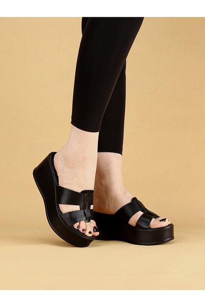 layki Solena Comfortable Summer Model Genuine Leather Women's Genuine Leather Wedge Heel Slippers