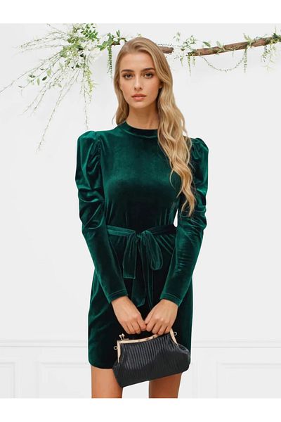 UniqueStore.ro Elegant Green Dress With Puffed Shoulders