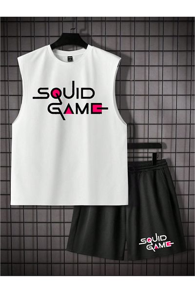 COHERENT Men's Colorful Squid Game Custom Printed 0 Sleeve Tshirt and Shorts Bottom Top Set 2 Piece Combination