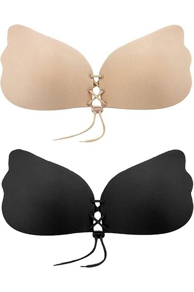 Saharaz 2 Pairs Sticky Bra,Backless Strapless Push up Bras for Women, Reusable,Nude+Black,Suit for C Cup