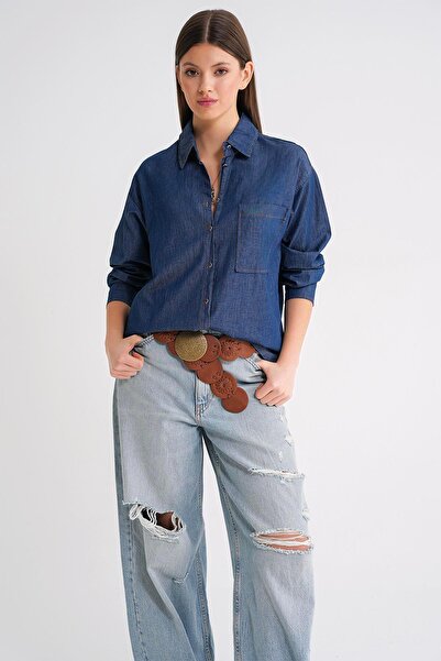 Mixray 4630 női hosszú ujjú vékony farmer ing sötétkék