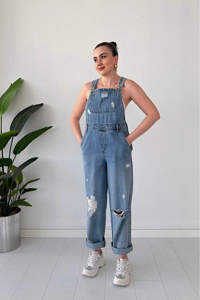 MaziButik Ripped Denim Jumpsuit Blue