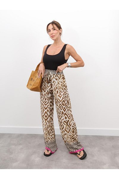 Maldia Shop Women's Ethnic Pattern Waist Elastic Cream Trousers