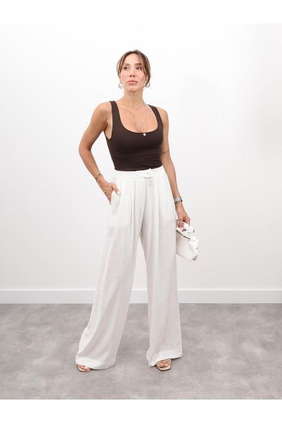 Maldia Shop Women's Elastic Waist Pleated Detail White Linen Palazzo Trousers