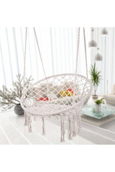 Cozy Nest Nordic Style Round Hammock Chair, Macrame Cotton Rope Swing for Indoor & Outdoor with Hanging Kit