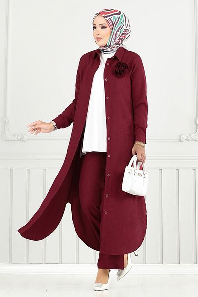 ModaMerve Front Buttoned Hijab Suit 815Ozr1047-M Claret Red