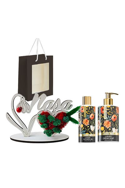 Vivian Gray Set cadou BLOOM – Ornament din lemn „Desenează-mă” (Nasa) + Gel de duș Vivian Gray Botanicals + Săpun lichid
