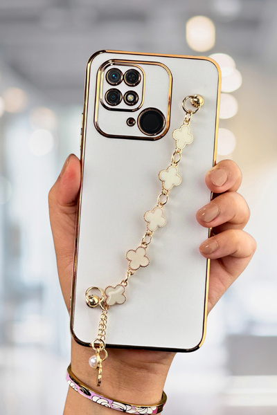 Fibaks Redmi 10C/Poco C40 Kılıf Parlak Kenarlı Altın İşlemeli Tutamaçlı Kamer...