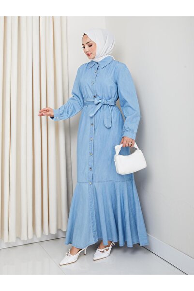 HARMAN BUTİK Γυναικείο τζιν φόρεμα με κουμπιά με ζώνη