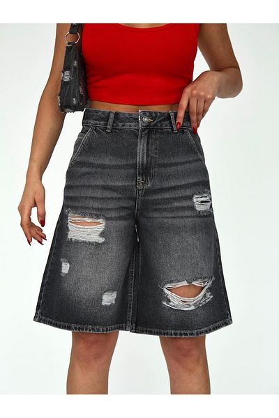 XBELLA DENİM Women's Bermuda Denim Shorts Midi Length with Ripped Details