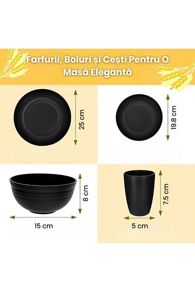 AVYRA 24 Piece Black Wheat Straw Dinnerware Set For 6 People Reusable Durable