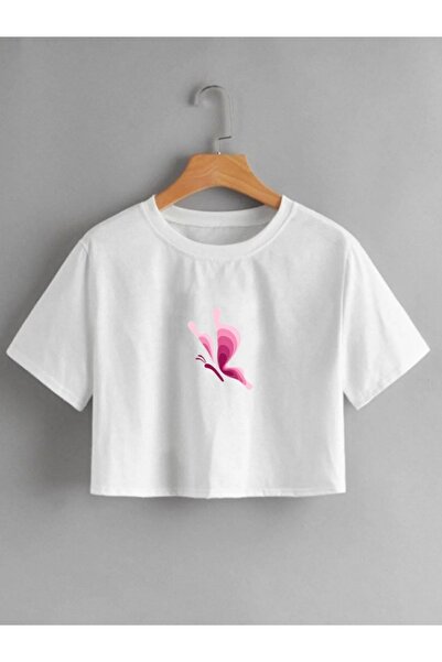 donamod Tricou de damă alb cu imprimeu cu fluturi