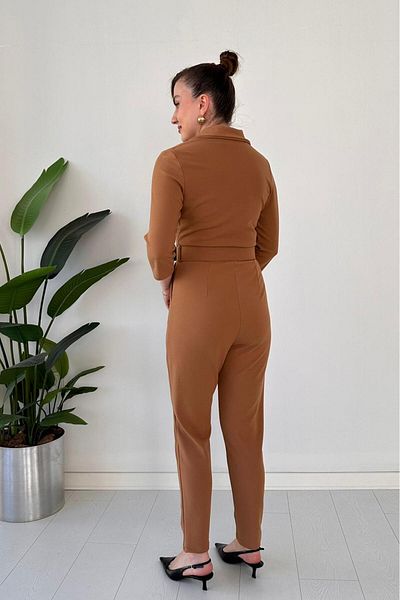 MaziButik Belted Crepe Jumpsuit Camel