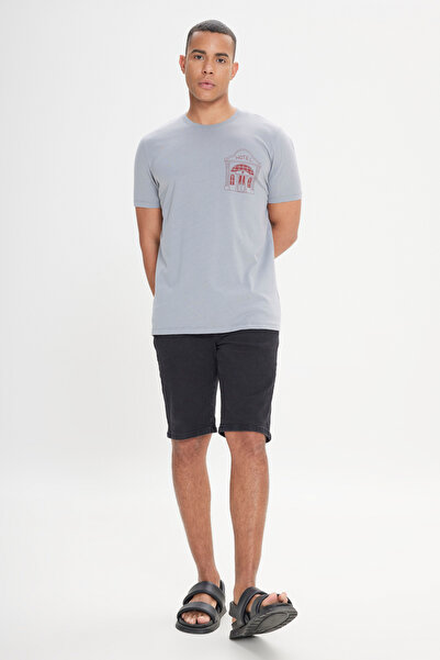 AC&Co / Altınyıldız Classics Ανδρικό μπλουζάκι με γκρι κανονική εφαρμογή 100% βαμβακερό εμπριμέ με λαιμόκοψη