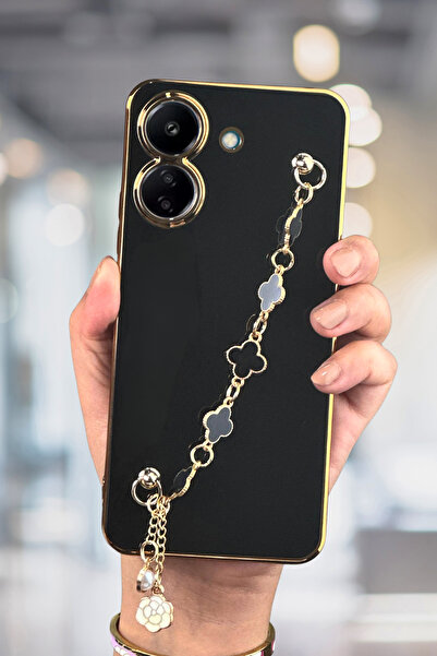 Fibaks Xiaomi Redmi 13C Compatible Case Glossy Edge Gold Embroidered Handle Camera Protection Cover