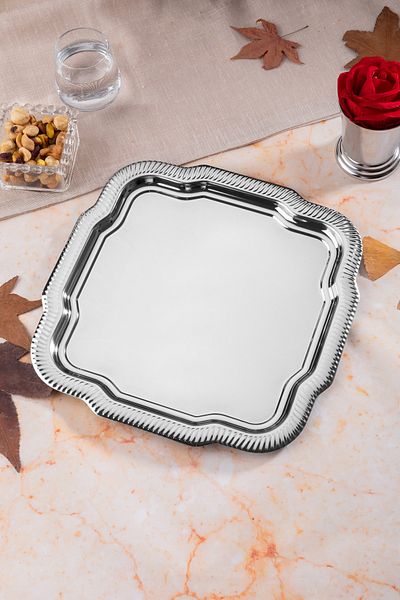 NEWTREND Züccaciye 1 Piece Luxury Edge Line Patterned Silver Daisy Model Stainless Steel Serving, Tea, Coffee Presentation Tray