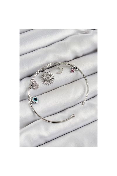 Clariss Brass Zircon Stone Sun Moon and Evil Eye Model Silver Color Charm Bracelet