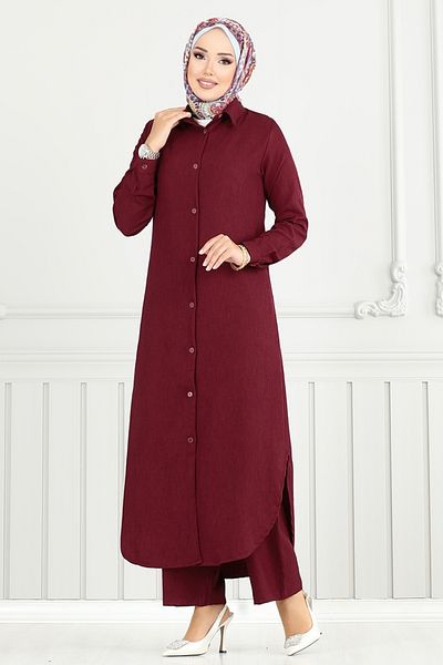 ModaMerve Front Buttoned Hijab Suit 808Ozr1047-M Claret Red