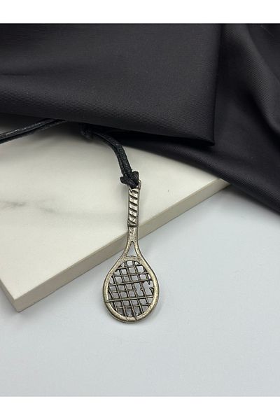 Unzilee Sports Concept Tennis Racket Figured Black Drawstring Design Steel Necklace