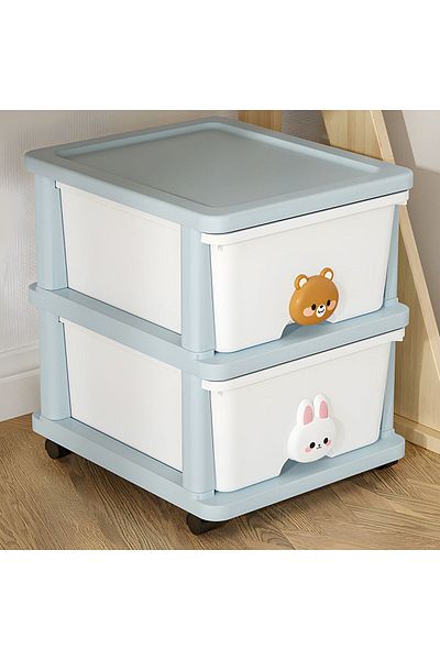 Cozy Nest 2-Layer Kids Nightstand Rolling Storage Cabinet with Drawers Blue and White Organizer with Handles