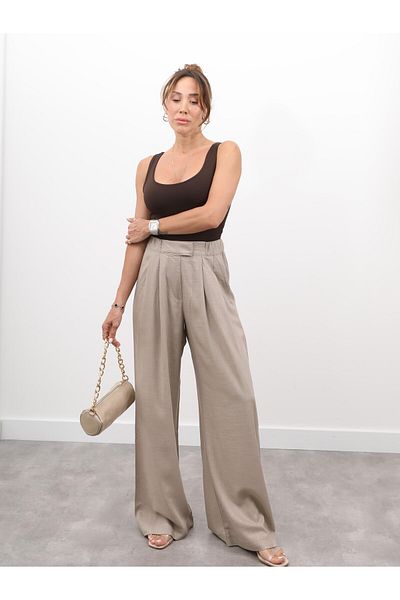Maldia Shop Women's Elastic Waist Pleated Detail Mink Linen Palazzo Trousers