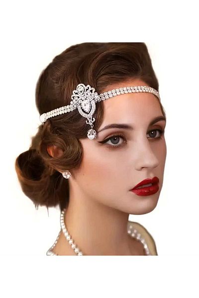 sarıyer silver Vintage Design Zircon Stone Embroidered Dangle Model Hair Band