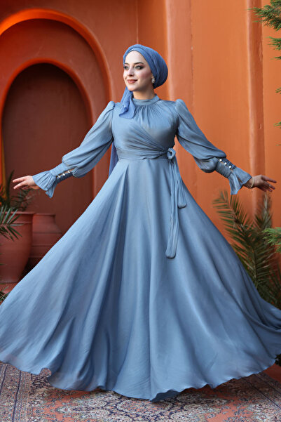 N.S NEVA STYLE - Indigo Blue Hijab Evening Dress with Tie Detail 48051Im