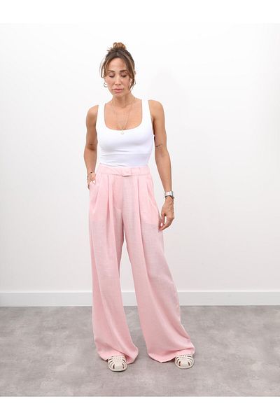 Maldia Shop Women's Elastic Waist Pleated Detail Pink Linen Palazzo Trousers
