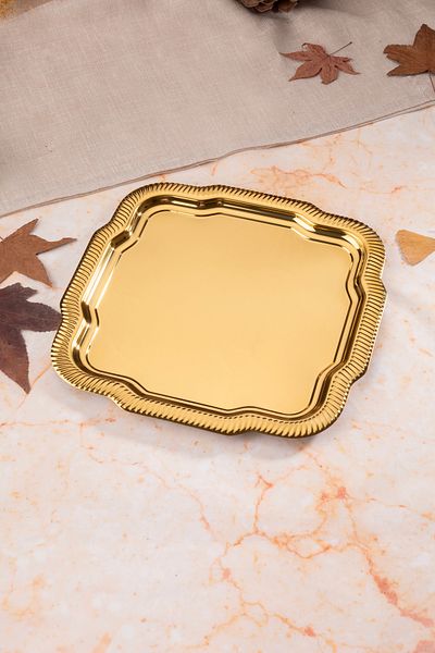NEWTREND Züccaciye 1 Piece Luxury Edge Line Patterned Gold Daisy Model Stainless Steel Serving, Tea, Coffee Presentation Tray