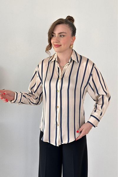 MaziButik Striped Satin Shirt Navy Blue