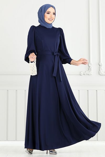 ModaMerve Balloon Sleeve Crepe Dress 4539Alg1079-M Navy