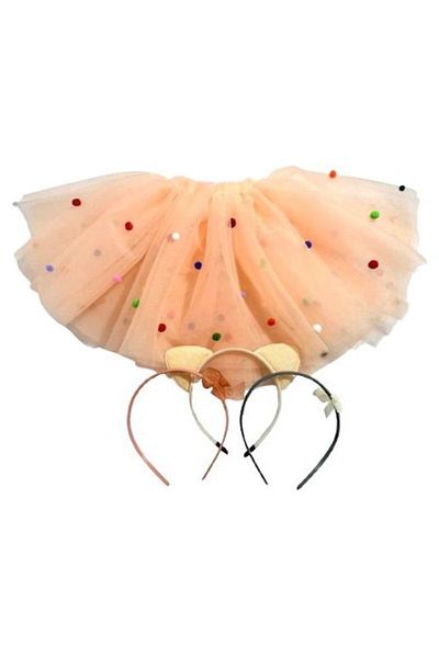 OEM Set soft salmon tulle skirt with pom-pom beads and 3 crowns