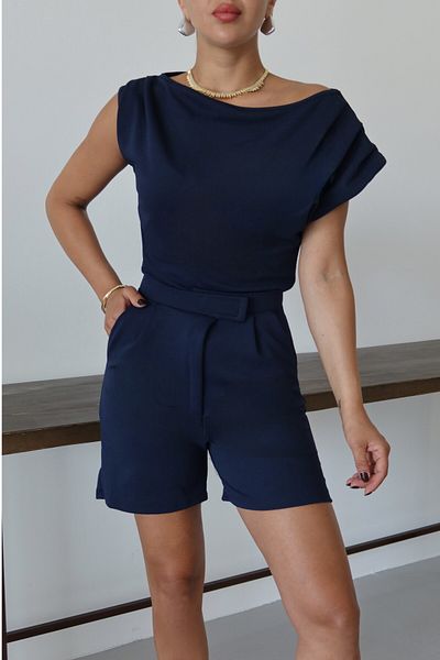 MODAGEN Women's Navy Blue Shoulder Detailed Blouse Velcro Detailed Shorts Bottom-Top Set