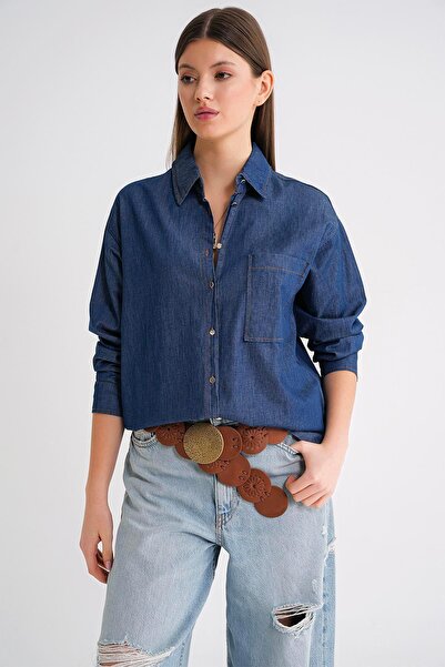 Mixray 4630 női hosszú ujjú vékony farmer ing sötétkék