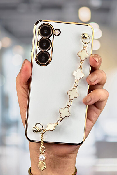 Fibaks Samsung Galaxy S23 Uyumlu Kılıf Parlak Kenarlı Altın İşlemeli Tutamaçlı Kamera Korumalı Kapak