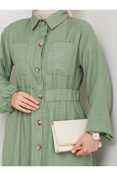HARMAN BUTİK Γυναικείο λινό φόρεμα χακί με λεπτομέρεια τσέπης με κουμπιά