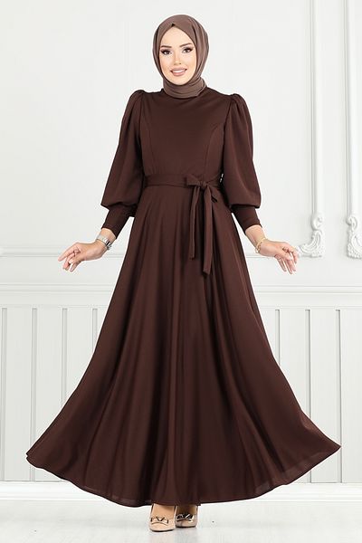 ModaMerve Balloon Sleeve Crepe Dress 4539Alg1079-M Brown