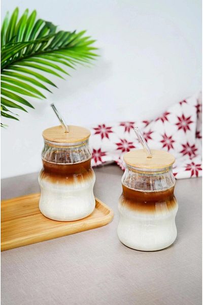 Amentes 2 Pieces Heat Resistant Glass with Straw Bamboo Lid Model Borosilicate Cold and Hot Coffee Cup