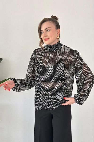 MaziButik Patterned Chiffon Blouse Black