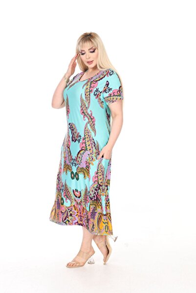 mezura tekstil Plus Size Women's Summer Double Pocket Knee Length Short Sleeve Midi Length Viscose Combed Cotton Dress