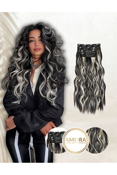 Amora Extensii Clip-On Ondulate MegaVolum Balayage Negru Intens/ White Gray, 80 cm