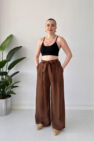 MaziButik Belted Linen Trousers Brown